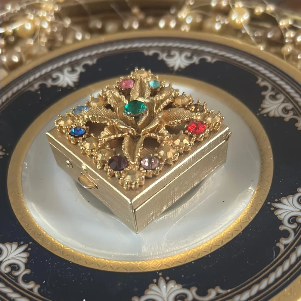 Vintage Gold & Rhinestone Pill Box